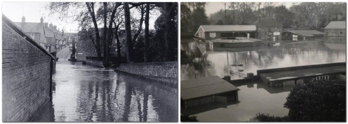 Garden Street flooded, with breach of Grange Garden wall (left), Cattle Market flooded, 1960 (right)