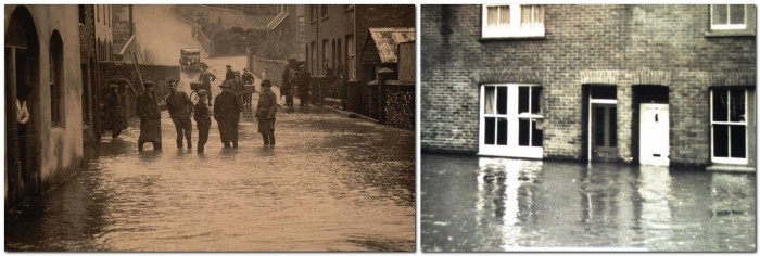 St Pancras Road flood, World War 1 (left), Flooding at The Course, 1960 (right)