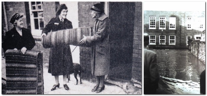 Volunteers helping residents after 1960 Lewes flood (left), Girls' Grammar School in Potters Lane, flooded 1960 (right)
